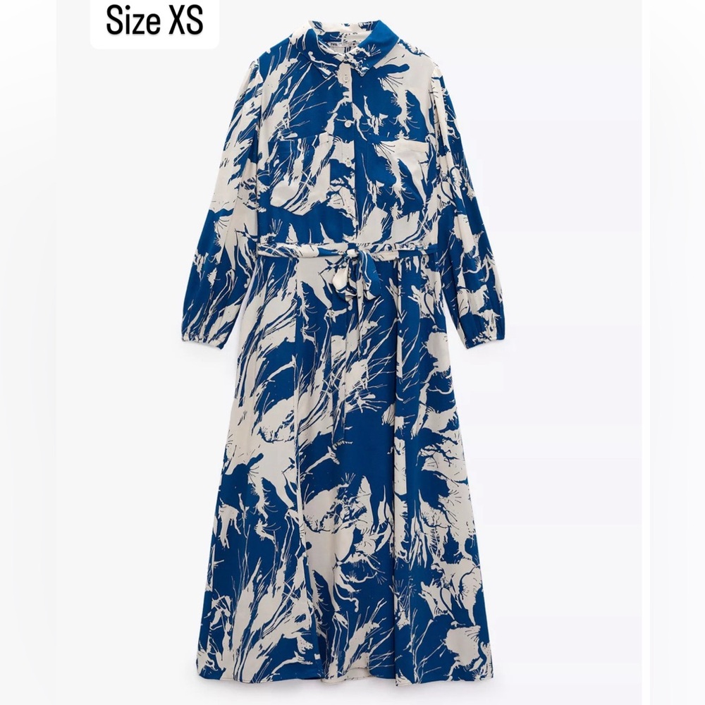 Zara Blue and Cream Long Sleeve Dress